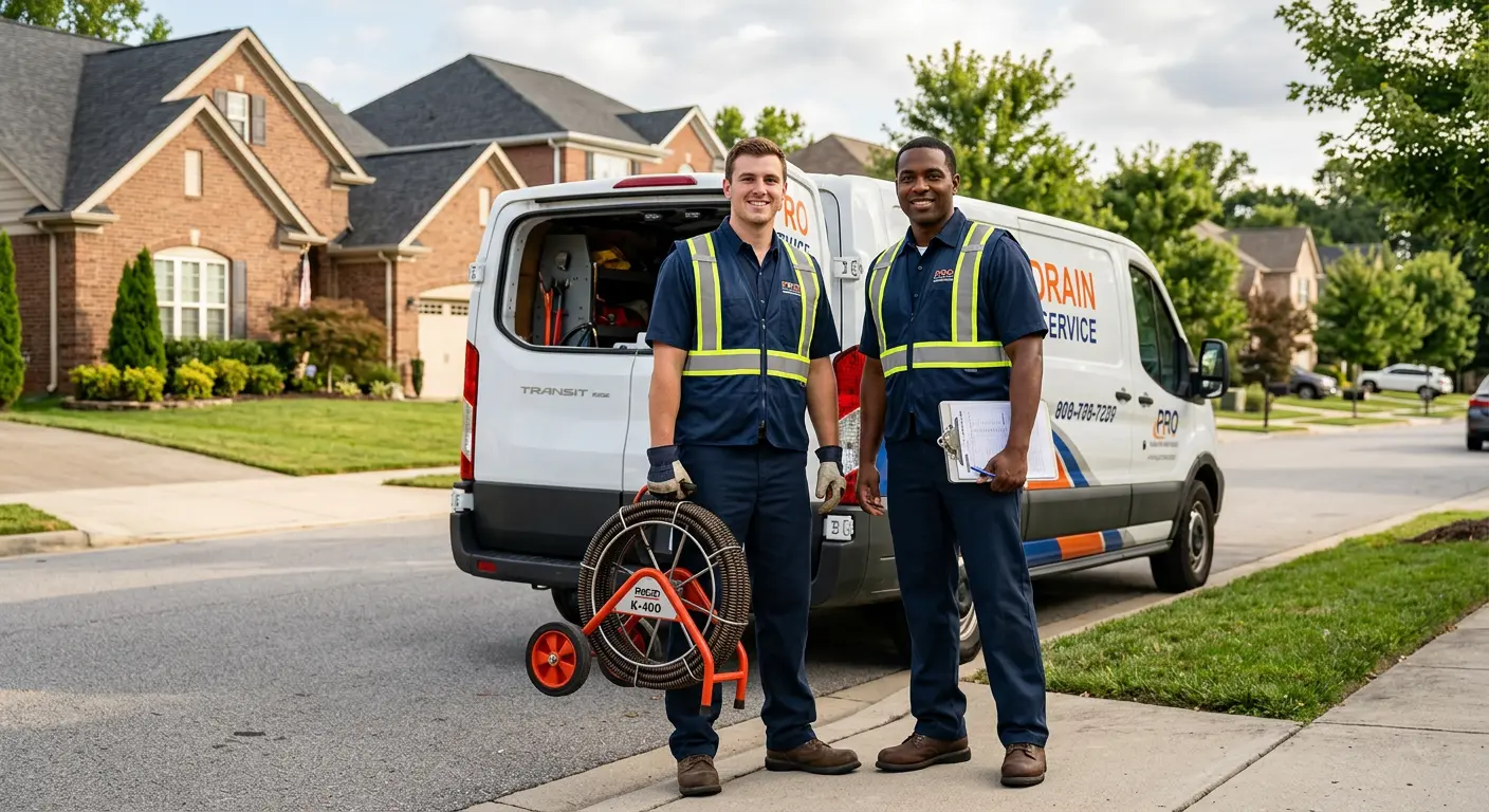 Sewer and drain service team with equipment ready for work in Chicago Heights