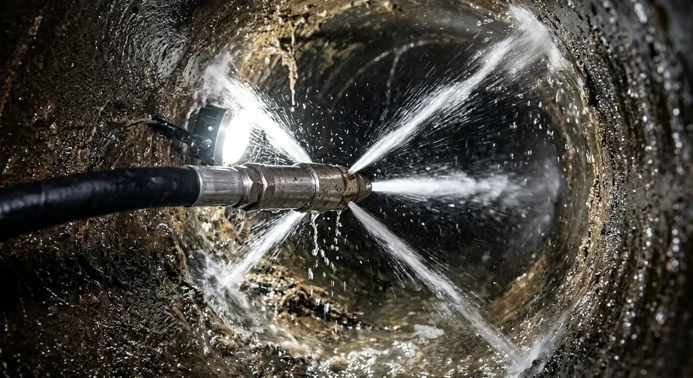 High-pressure hydro jetting nozzle cleaning sewer pipe for Trenchless Sewer Repair in Chicago Heights