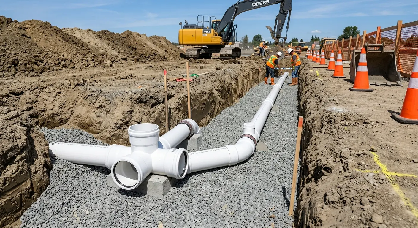 New PVC sewer pipe installation in open trench for Sewer Backup in Chicago Heights