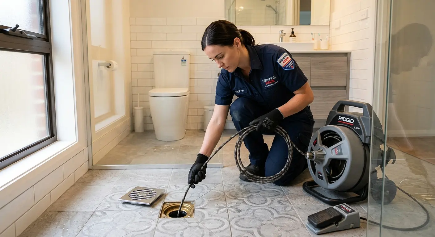 Technician clearing a bathroom floor drain for Drain Cleaning in Chicago Heights